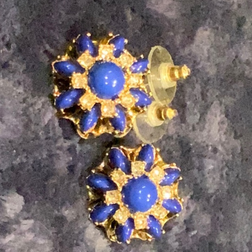 Earrings, pierced, blue, gold & clear crystal stones. $35-